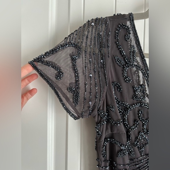 NWT Pisarro Nights 6 Beaded Column Long Gown Dress Slate Gunmetal Gray V Neck - Picture 6 of 12